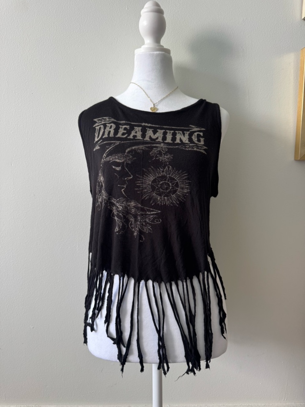 Black Fringe Crop Tank Top with 'Dreaming' Graphic